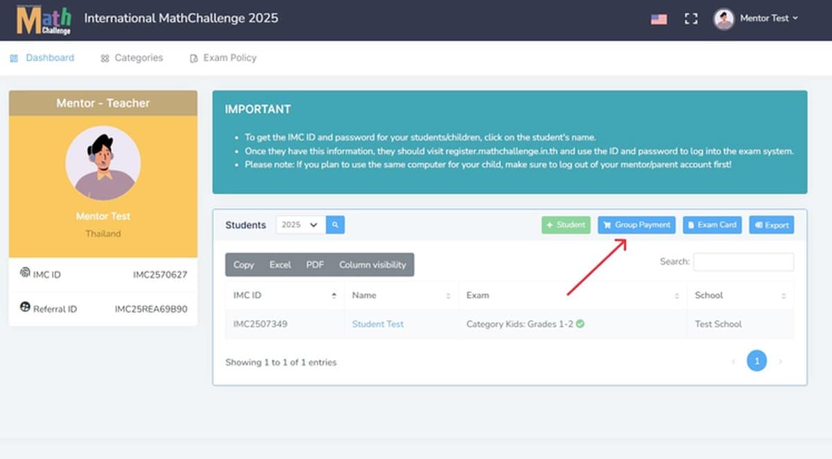 Group payment on the mentor dashboard